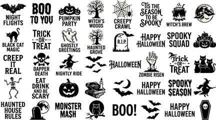 Halloween icons and phrases for spooky season decorations and greetings  various creepy designs © Afia