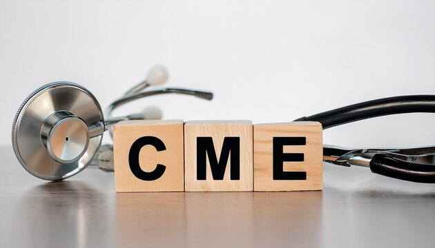 text cme is displayed on a wooden cube beside a stethoscope against a white background