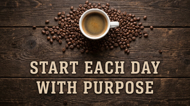 Top view of a cup of coffee surrounded by coffee beans on a rustic wooden table with the text start each day with purpose