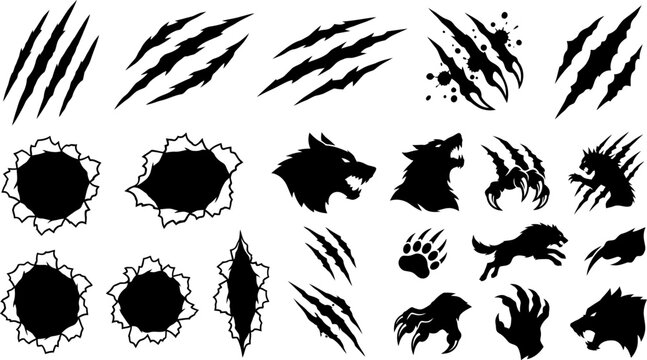 black animal claw marks and monster head silhouettes for graphic design  various creepy creature icons
