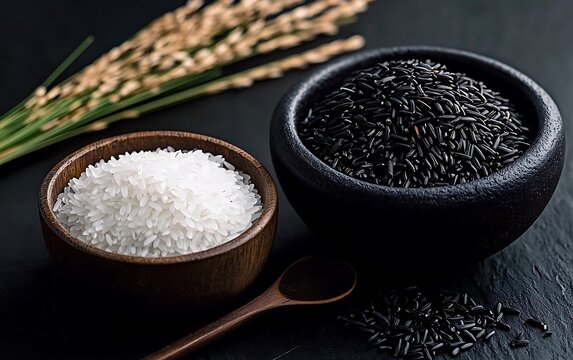 Two rice bowls, black and white, and rice stalks, on dark slate background