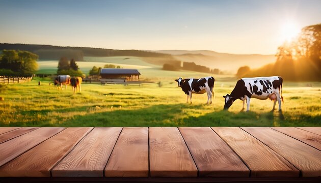 wooden table top with a serene summer farm and cow filled meadow background bathed in morning light suitable for product display or montage