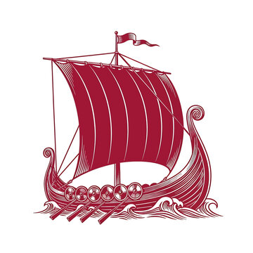 Viking ship sailing through waves.