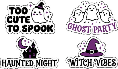 Fototapeta premium Halloween stickers with ghosts and witch hats and spooky houses on transparent background