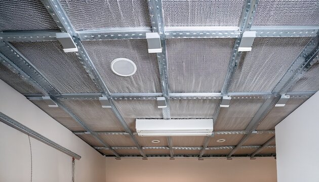 suspended ceiling made of drywall fixed by screws on metal framework with copy space