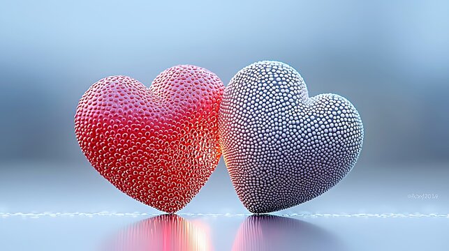 Two textured hearts, one red, one blue, together on a smooth, shiny surface, against a soft light