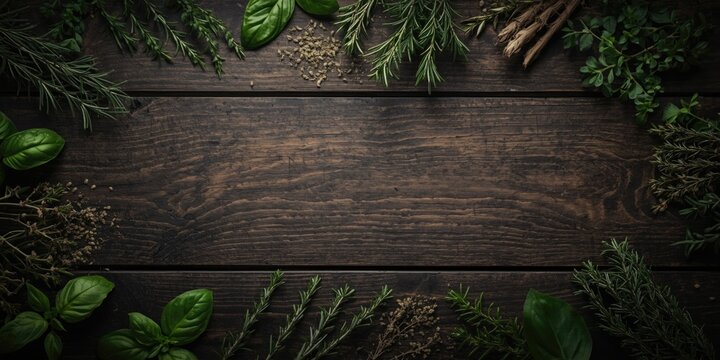 Top view of smooth dark wood surface featuring fresh herbs and copy space