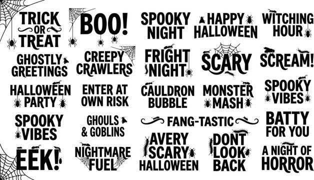 halloween text phrases and words with spiders and webs on white background