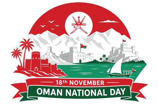 Oman National Day Banner with Muscat Skyline Flag and 18 November Vector Illustration