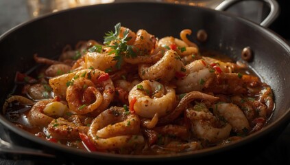 Fototapeta premium Tender Squid Stir-Fried in a Spicy, Zesty Herb Marinade