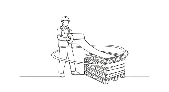 Worker loading large industrial spool onto pallet.
