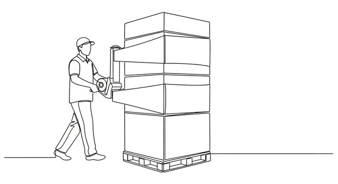 Worker moving stacked boxes with hand truck.