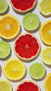 Mixed citrus fruit slices densely arranged top view orange lemon lime grapefruit colorful pattern sunlit food background vertical