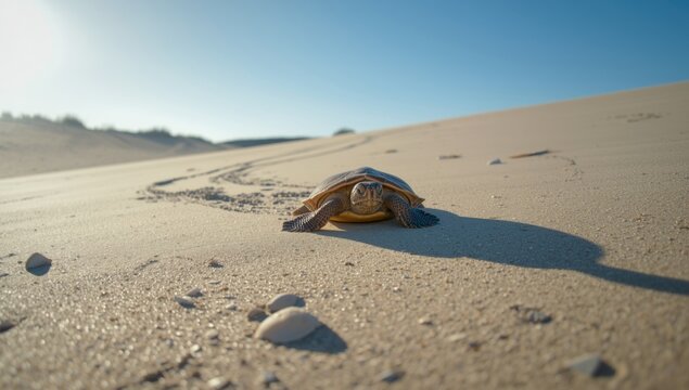Playful Kemp's Ridley pet turtle creating winding tracks on sunlit sandy beach return