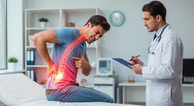 Man with back pain consulting a doctor during a medical examination. Spinal column highlighted in red to show discomfort. Healthcare concept.
