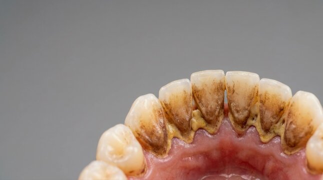 Close Up of Human Teeth with Heavy Plaque and Tartar Buildup dirty teeth
