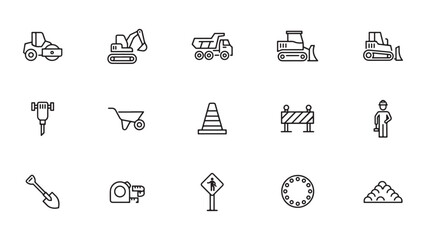 Construction Equipment Icons, Excavator Bulldozer Road Roller and Work Zone Line Icon © Laila