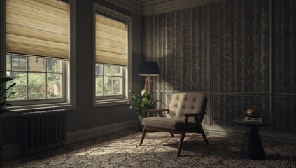 Fototapeta premium Stylish room with electric solar fabric blinds covering windows and chair on textured carpet