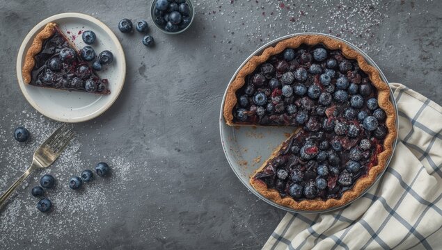 Piece of blueberry pie with fresh blueberries scattered on a gray backdrop alongside a fork and linen kitchen towel copy space