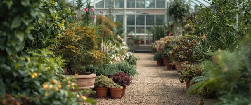 Potted plants arranged in a greenhouse for landscaping