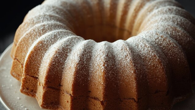 Bundt cake with powdered sugar on a plate