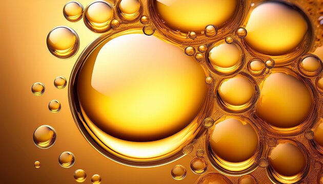 Macro Golden Serum Skin Cream Bubbles Cluster On Warm Yellow Luxury Cosmetic Background Closeup