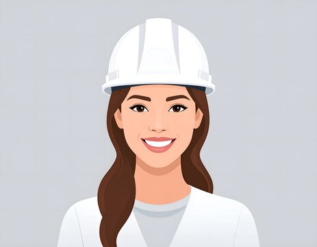 Vector illustration avatar of a female construction worker wearing a white hard hat and safety vest.