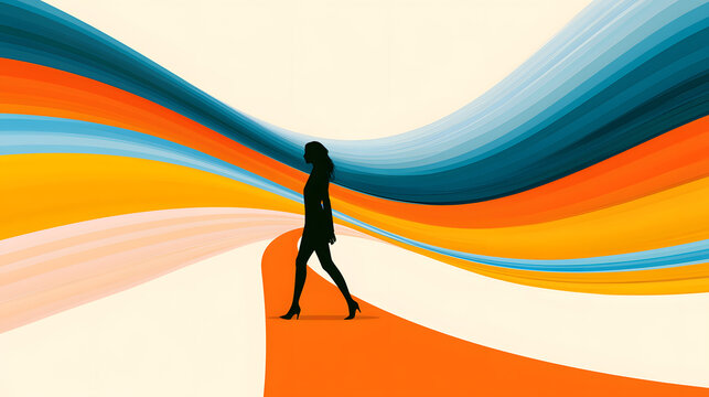 Businesswoman walking on the orange arrow through colorful business flow. Concepts of female leadership, career direction, professional confidence, strategic movement, and navigating change toward suc