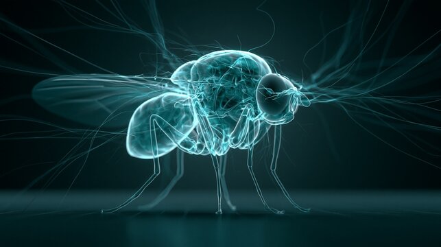A glowing 3D render of a fruit fly brain with intricate neuron pathways, dark studio background, curious analytical mood, soft cyan lighting, centered scientific diagram composition.