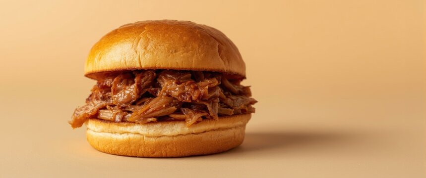 Pulled pork sandwich on a soft bun with a plain background