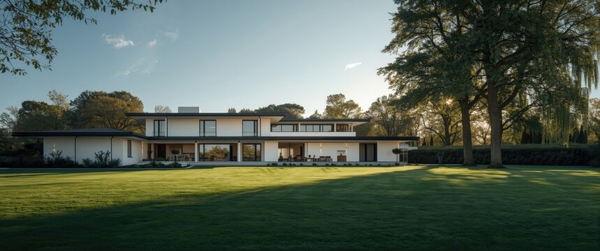Modern house with expansive lawn and trees in the background