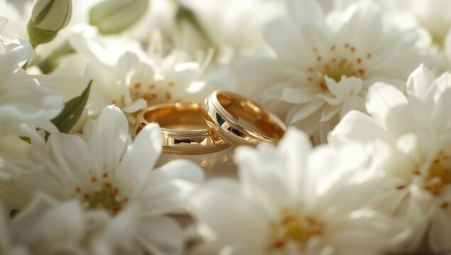 Gold wedding rings resting on white flowers