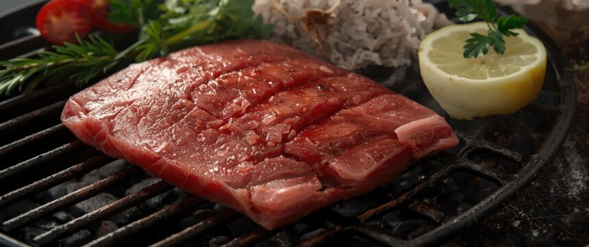 Delicious uncooked tuna fillet prepared for deck barbecue