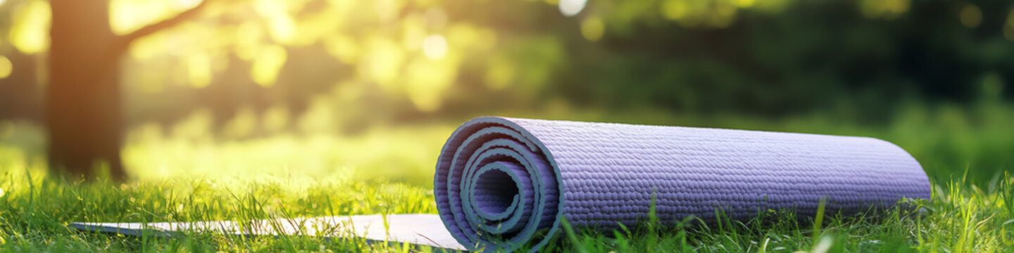 Yoga mat rolled on green grass in sunny outdoor setting