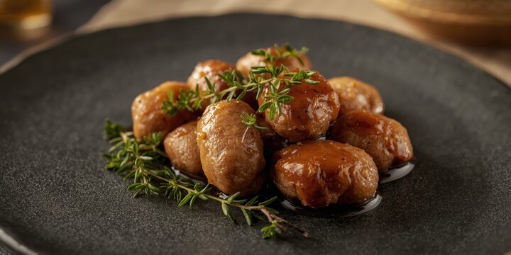 Tender skinless cevapcici served with aromatic thyme salad on a dark stone plate