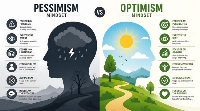 Comparison of pessimism vs optimism mindset through head silhouettes.