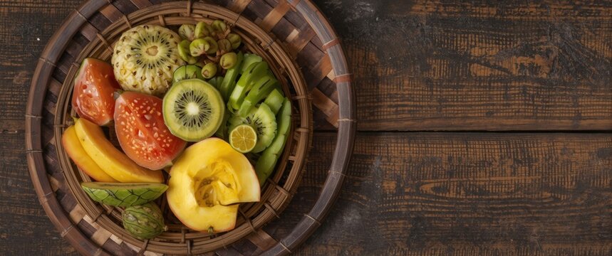 Colorful assortment of fresh fruits in a wooden basket