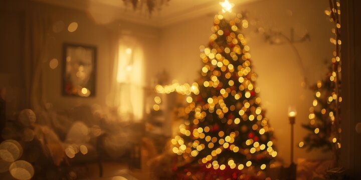 Christmas tree with warm lights in a cozy living room