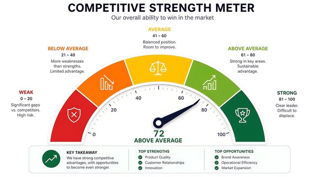 Competitive strength gauge chart showing market position analysis report