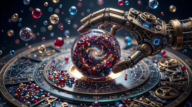 Steampunk Robot Hand Interacting with a Mystical Celestial Astrolabe