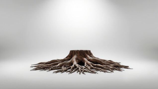 Single ancient oak root artwork showcased on a pristine white backdrop