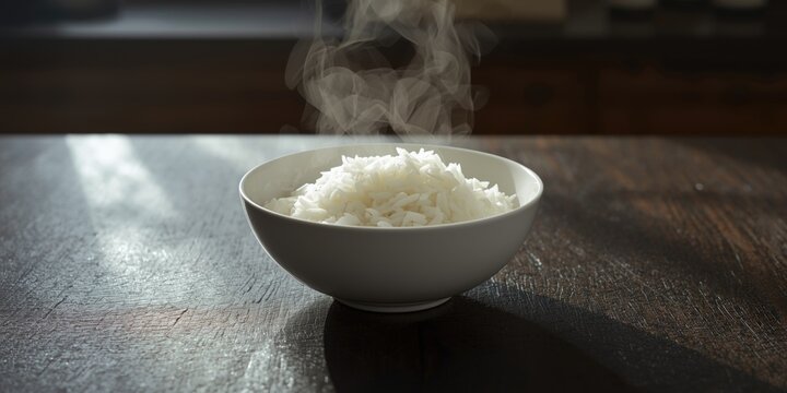 Steaming hot rice in a white bowl set on a dark textured table