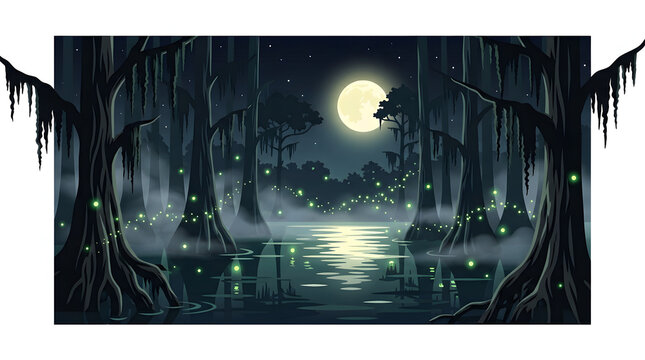 Mysterious swamp landscape at night with glowing fireflies and a full moon.