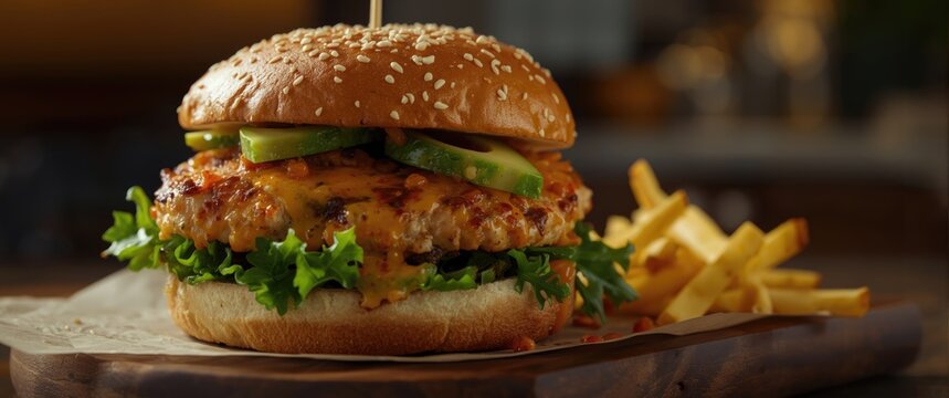 Juicy chicken burger with cheese and pickles on a wooden board