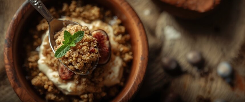 Overhead shot of a spoon with fig above dessert featuring gofio crumble and mint in wooden bowl