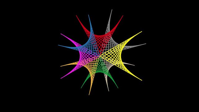 Abstract colorful spirograph geometric star features crossing lines. Visualizes complex network concepts. Enhances futuristic technology presentations. 4k resolution video.