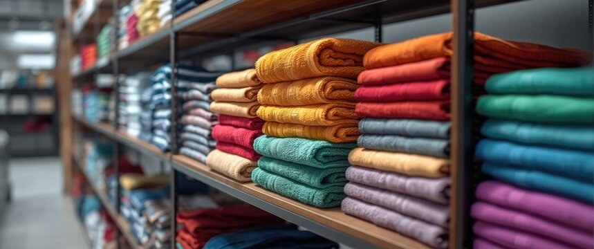 Shelving unit showcasing a range of colorful towels in a shop