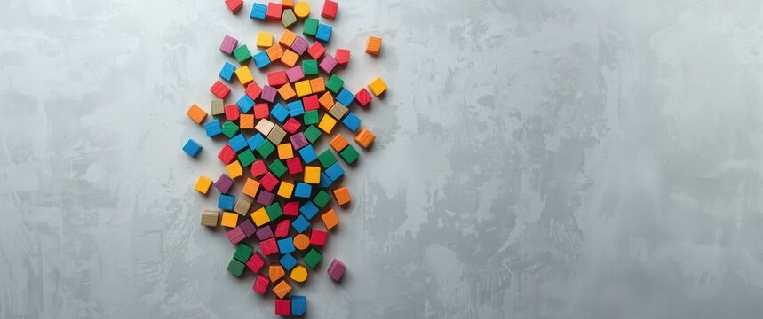 Colorful wooden building blocks scattered on a gray surface