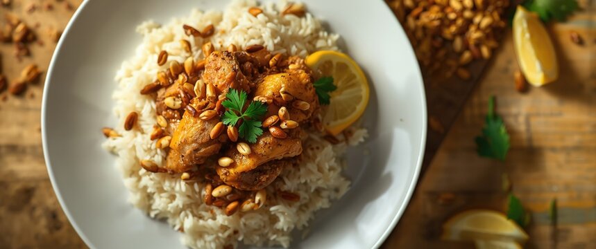 Overhead shot of homemade chicken kabsa served on a plate with fluffy rice and juicy chicken chunks topped with toasted nuts