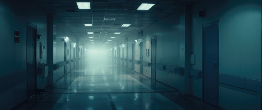 Dimly lit hospital corridor with fog at the end